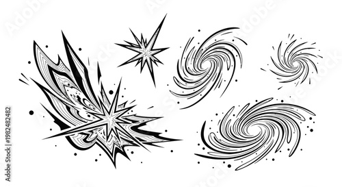 Dynamic comic book style graphic elements: explosion impacts, starbursts, and swirling vortex motion lines set