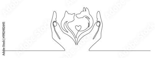 Continuous one line drawing of cat and dog together. Minimalist pet illustration with feline and kitten silhouette in abstract one-line art style. Perfect for vet clinic logo