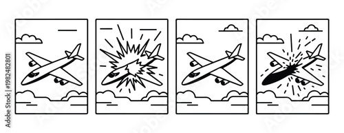 Commercial airliner explosion storyboard vector illustration for flight safety and risk.