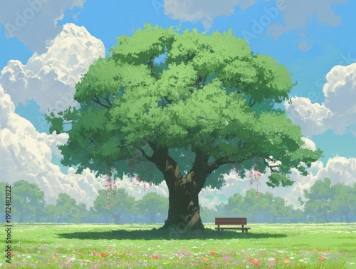 Lush Tree with Bench Art