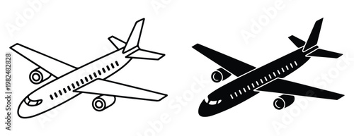 Passenger jet airplane isometric view vector silhouette and outline icon for travel apps.