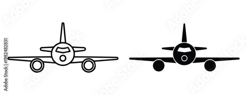 Front view airplane line and silhouette icons showing commercial jet nose and engine set.