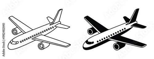 Outline and filled airplane icon set, collection of linear air transportation signs.