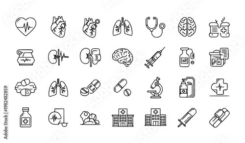 Healthcare line editable icons set medical organs research thin outline vector collection