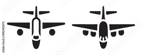 Different styles of filled airplane icons from a top-down perspective, symbolizing air travel.