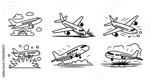 Airplane crash landing and disaster icons vector set with explosion effects.