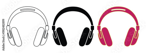 Minimalist headphone icon set, over-ear music headset vector illustrations, black and pink audio equipment symbols for podcasting and gaming