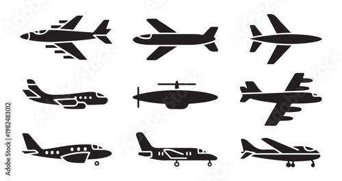 Set of plane icons, transport airplane, civil aircraft, military aircraft, airship, helicopter.