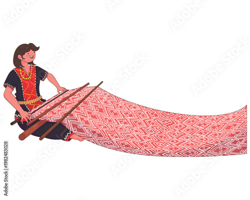 A lively and playful illustration of a Dayak girl weaving traditional Tenun Ikat fabric. Inspired by Indonesian tribal culture, featuring a cute mascot in ethnic costume