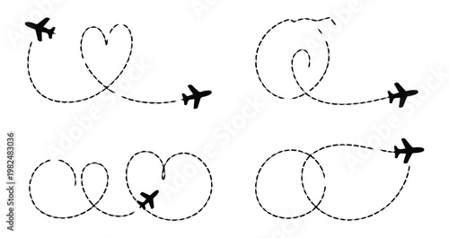 Aircraft dotted route line set, plane flight path, air journey dashed trace, airplane fly travel.
