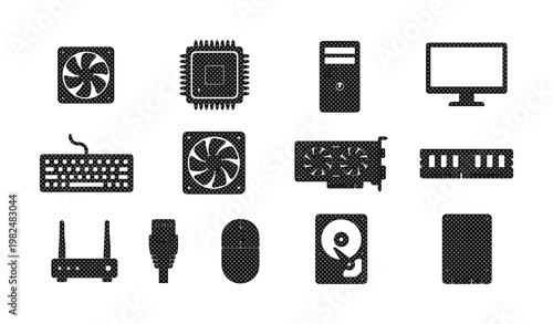 Computer hardware icons set, black silhouette PC components collection, 12 vector elements for technology and gaming hardware infographics