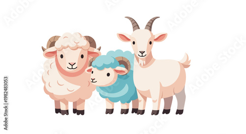 Cartoon illustration featuring three stylized farm animals—a fluffy white sheep, a blue lamb, and a white goat—standing together in a friendly composition against a clean white background