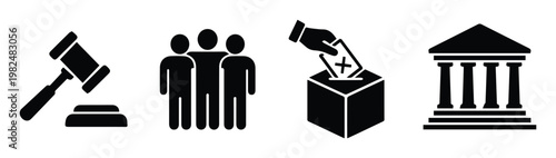 Government and law icon set, black silhouette voting and justice symbols, legal system and democracy vector elements for infographics