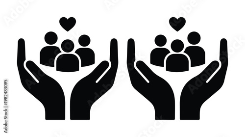 Family care icon set, black silhouette hands holding people with heart, community support and protection vector, charity and social insurance symbols