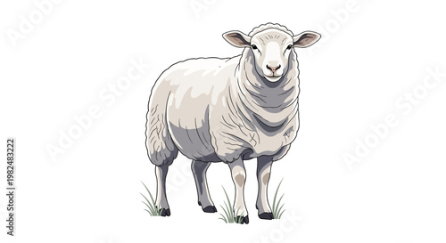 A digitally rendered illustration of a standing sheep with a fluffy white coat, presented in a cartoon style with clean lines and a simple composition against a bright white background