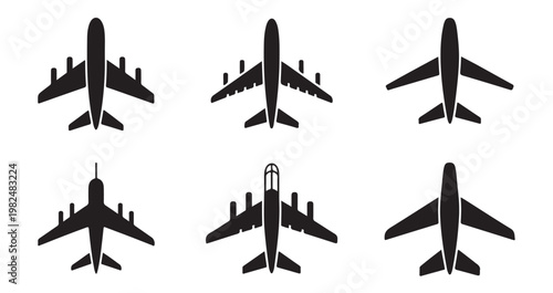 Six different styles of airplane vector icons shown from an overhead perspective on white.