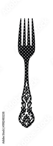 Vintage ornate fork vector illustration, antique silverware silhouette with decorative floral pattern, black and white cutlery icon for restaurant branding