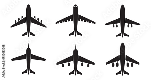 Six overhead airplane icons in various designs as black vector graphics on white background.