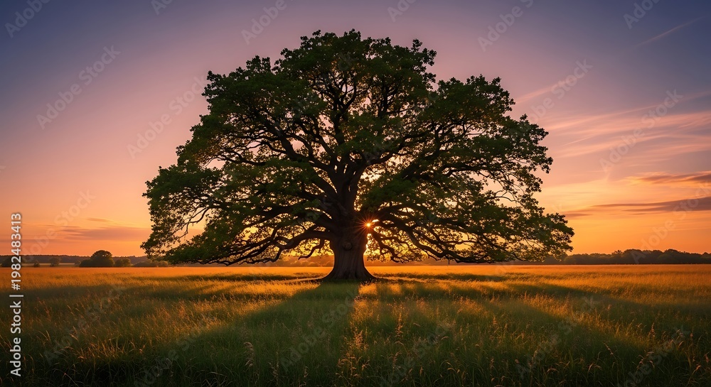 Obraz premium Majestic Oak Tree Silhouetted Against a Vibrant Sunset Sky.