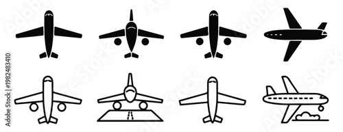Set of black airplane icons isolated on white background, vector aircraft sign, plane symbol.