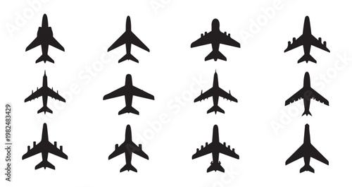 Set of black airplane silhouettes isolated on white background, vector aircraft sign, plane symbol.