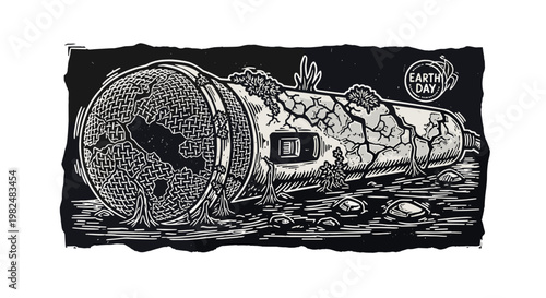 Black and white illustration of a polluted earth day scene with trash