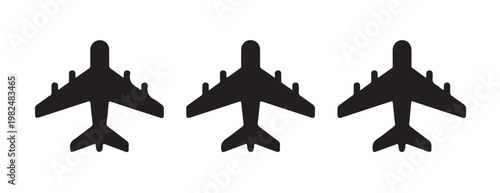 Three black airplane silhouettes side by side, symbolizing air travel and flights.