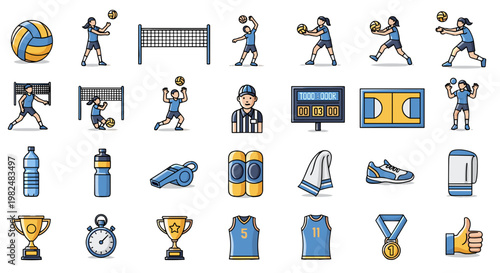 Collection of various volleyball icons and symbols in blue and yellow