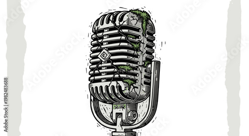 Vintage microphone illustration with detailed grill and stand