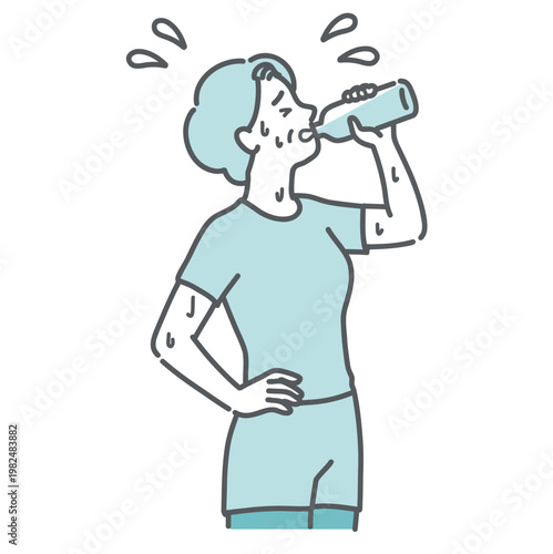 大量の汗をかきながらペットボトルで水分補給をしているシニア女性のイラスト