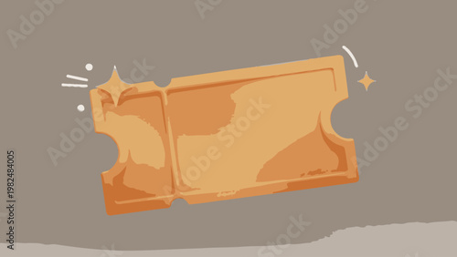 A golden ticket with a shiny, metallic finish and sparkle effects, set against a plain background.