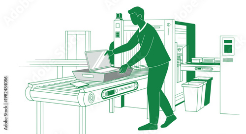 Man placing laptop on airport security scanner conveyor belt, travel concept