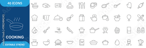 Cooking icon set. cooking, kitchen, food, recipe, chef, baking and more. Editable stroke. Vector File