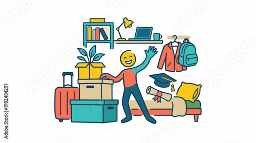 College Student's New Room with Boxes and Belongings