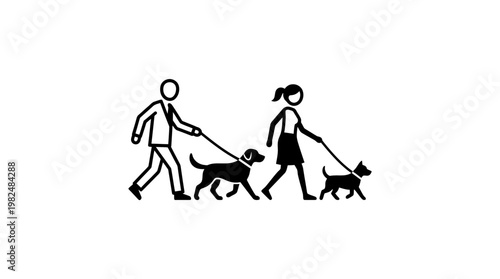 People Walking Dogs Simple Black and White Icon