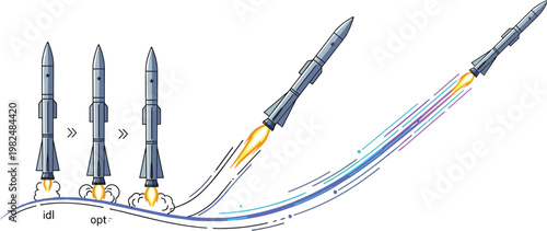 Rocket launch sequence illustration with stages of takeoff and flight trajectory, detailed vector design for aerospace, science, technology and space exploration concepts