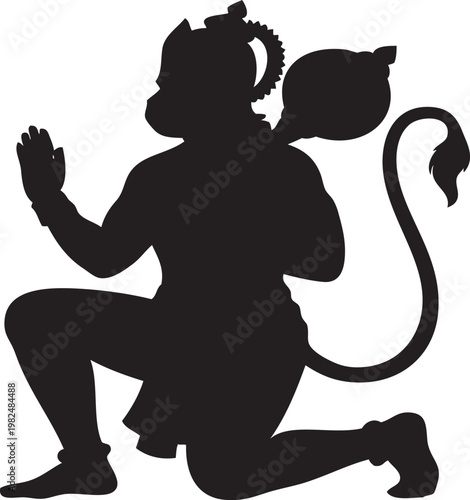 Lord hanuman vector graphic illustration silhouette showcasing the powerful monkey god in a kneeling pose with his hands joined in prayer while holding his traditional mace weapon on his shoulder in a