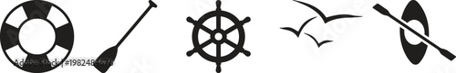 Nautical set featuring lifebuoy, oar, ship steering wheel, flying seagulls, and kayak paddle
