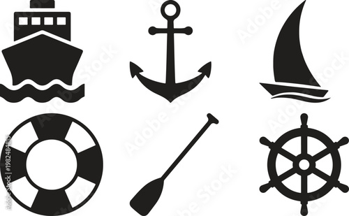 Set of black nautical featuring a cruise ship, anchor, sailboat, lifebuoy, oar, and wheel