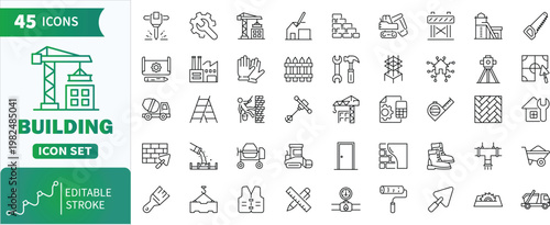 Building and construction line icons set for industry. Collection of outline vector icons representing engineering, architecture, and industrial tools