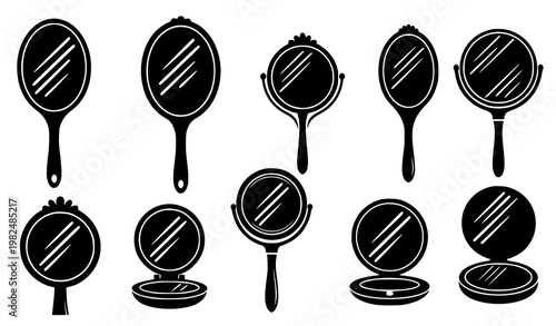 Hand mirror silhouette vector set vanity and beauty mirror collection isolated on white
