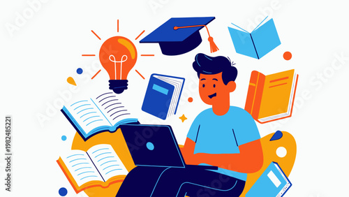 A cartoon illustration of a student learning online with a laptop, surrounded by books, a lightbulb, and a graduation cap, symbolizing education and knowledge.