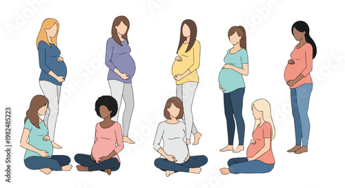 Set of 9 Diverse Pregnant Women Illustration