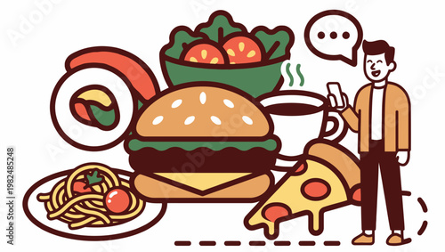 Illustration of a person ordering various food items like burger, pizza, sushi, salad, spaghetti, and coffee via a smartphone, depicting online food delivery.