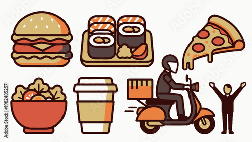 Vector illustration of diverse food options like burger, sushi, pizza, salad, coffee, and a food delivery service with a scooter rider.