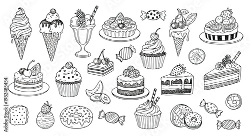 Set of 27 Hand-Drawn Black and White Dessert and Candy Icons Vector
