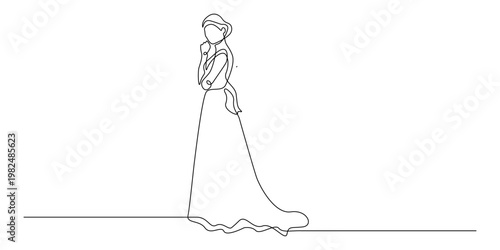 Elegant woman in satin evening gown continuous line art minimalist fashion concept