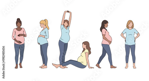 Set of 6 Diverse Pregnant Women Illustrations
