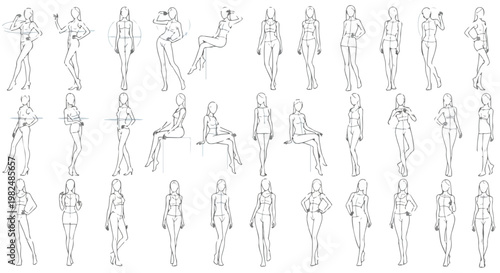 Set of 40 Female Fashion Model Croquis Poses Vector