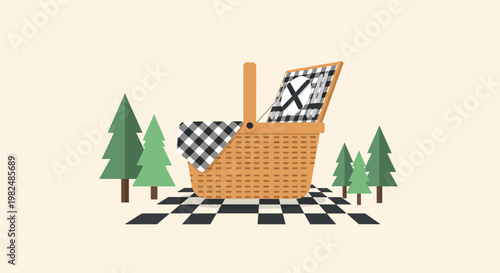 Wicker picnic basket with black and white gingham fabric.